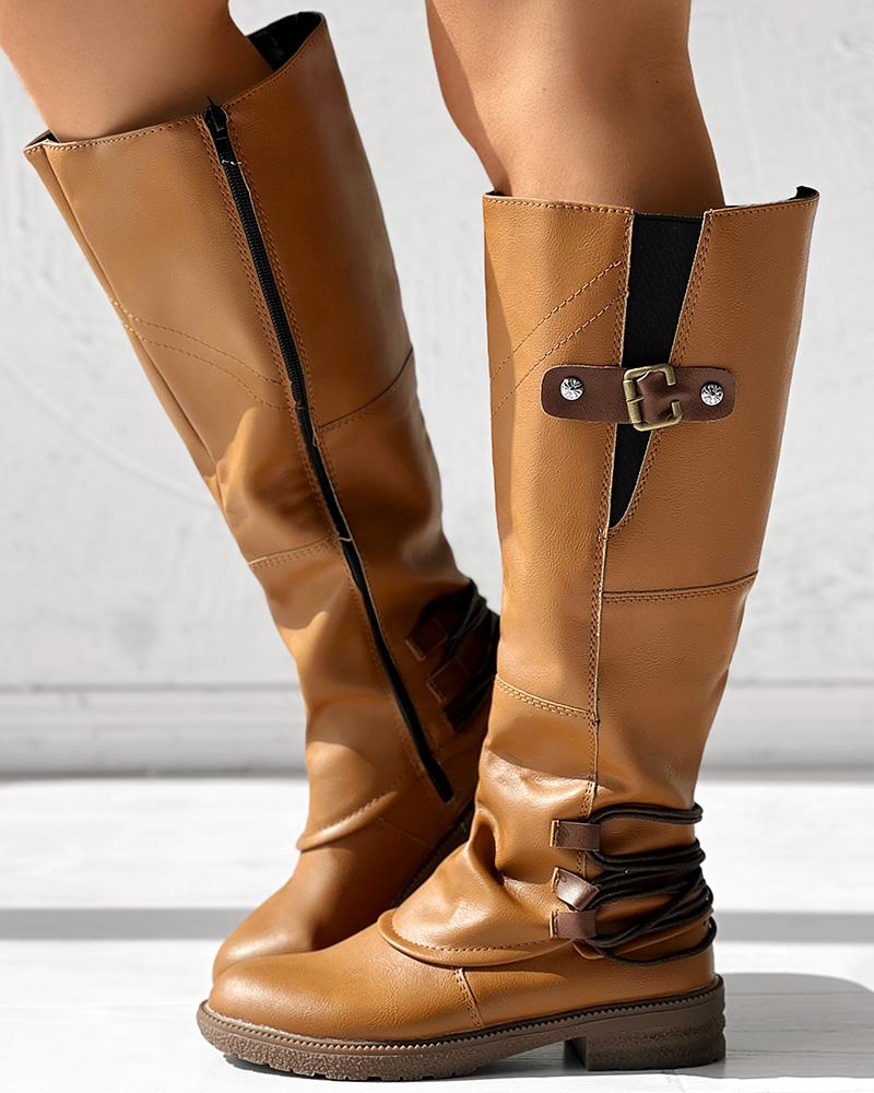 Side Zipper Buckled Round Toe Calf Boots