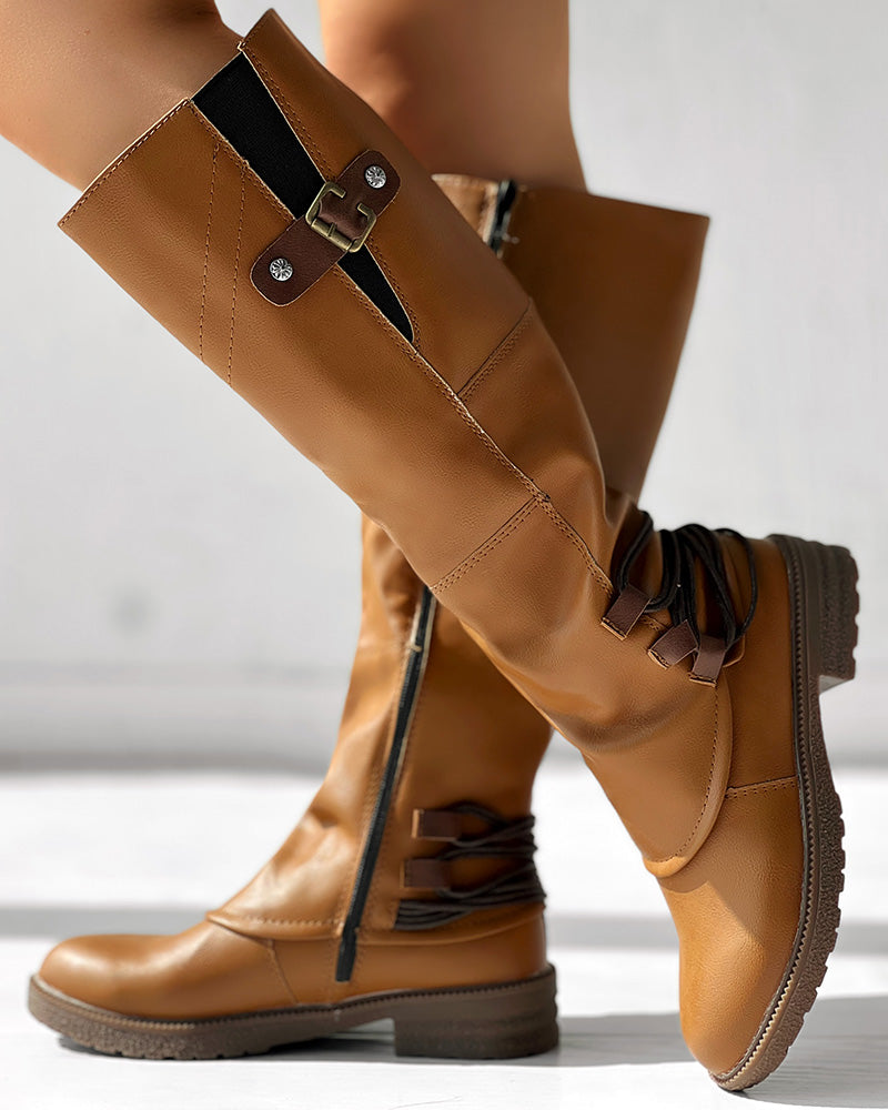 Side Zipper Buckled Round Toe Calf Boots