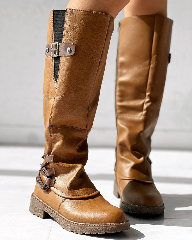 Side Zipper Buckled Round Toe Calf Boots