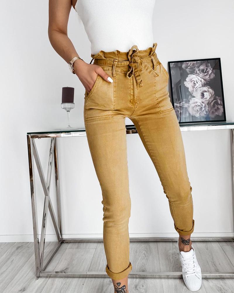 Paper Bag Waist Pocket Detail Self Tie Skinny Pants