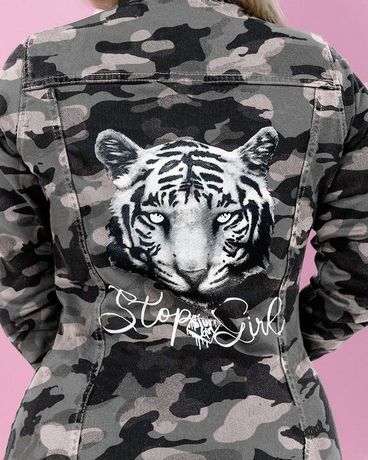 Camo Tiger Print Ripped Raw Hem Jacket