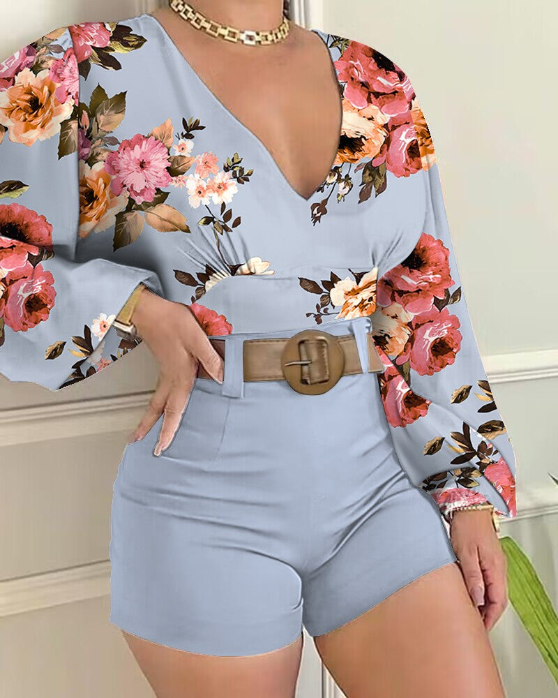 Floral Print Lantern Sleeve Top & Shorts Set