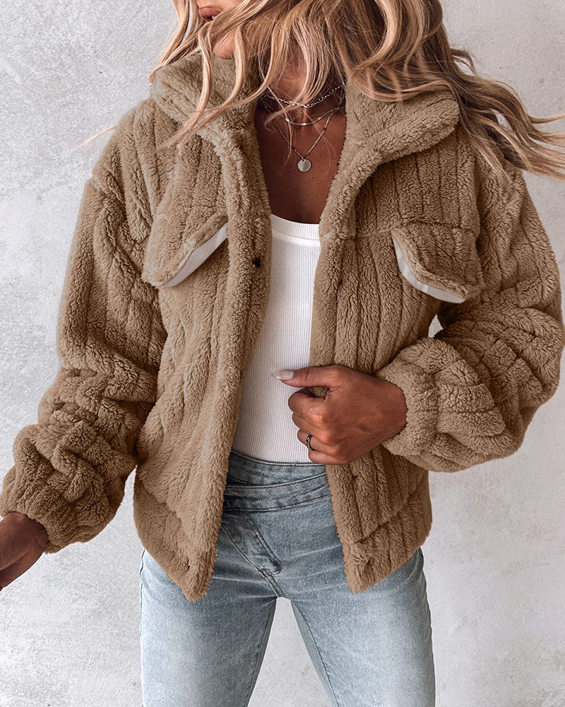 Turn down Collar Buttoned Teddy Jacket