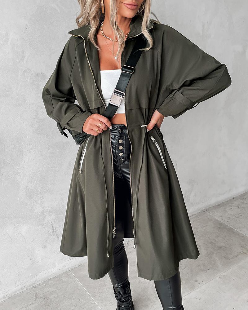 Hooded Drawstring Zipper Design Longline Coat