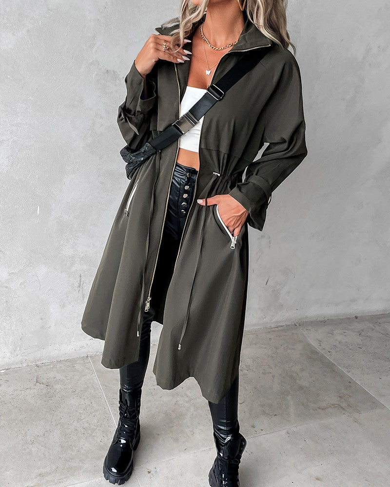 Hooded Drawstring Zipper Design Longline Coat