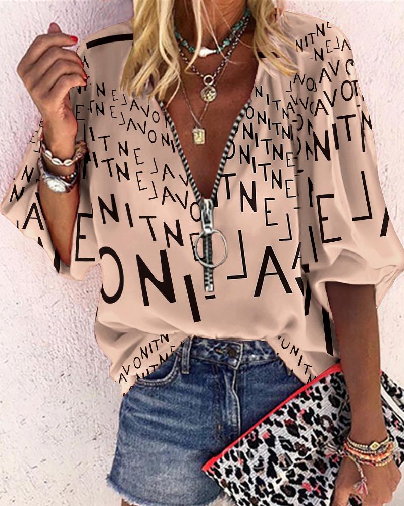 Letter Print Zip Front Casual Top