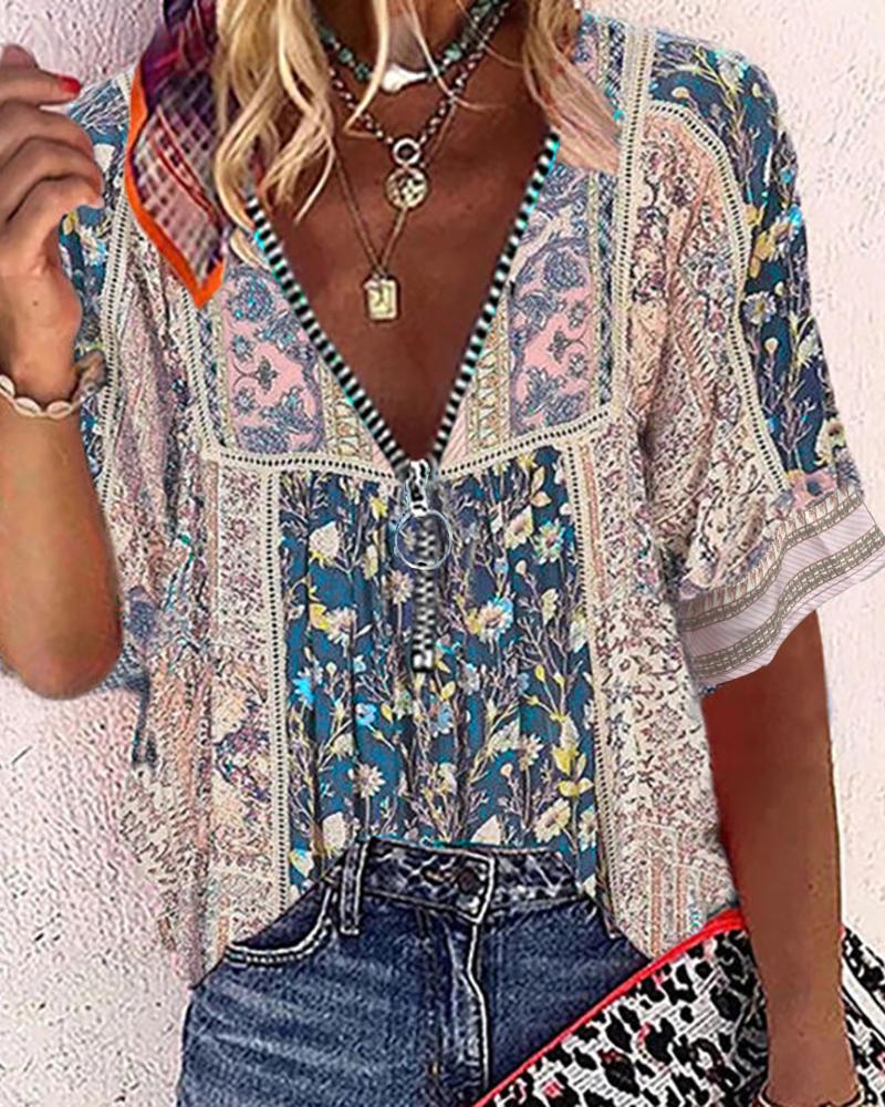 All Over Print Zipper Design V Neck Top