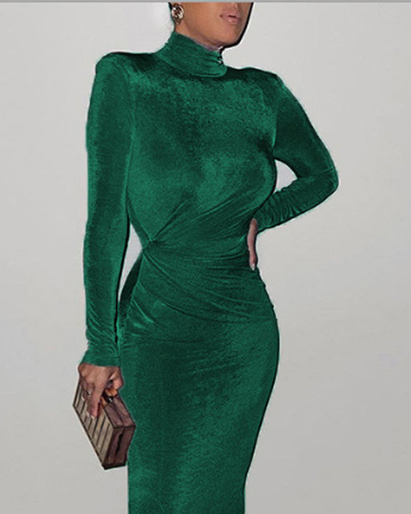 Shoulder Pad Long Sleeve Ruched Skinny Maxi Dress