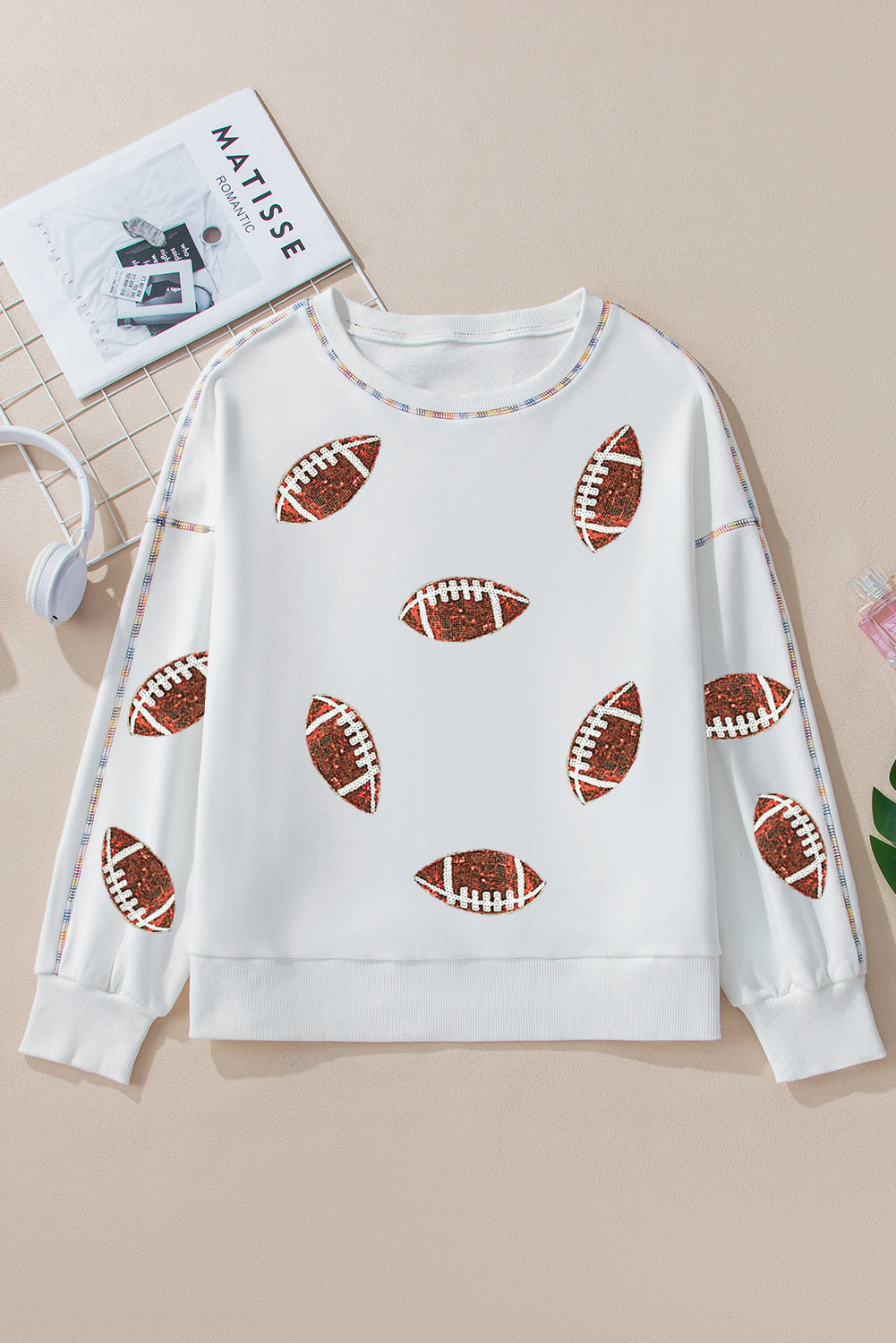 White Sequin Rugby Football Pattern Exposed Seam Game Day Sweatshirt