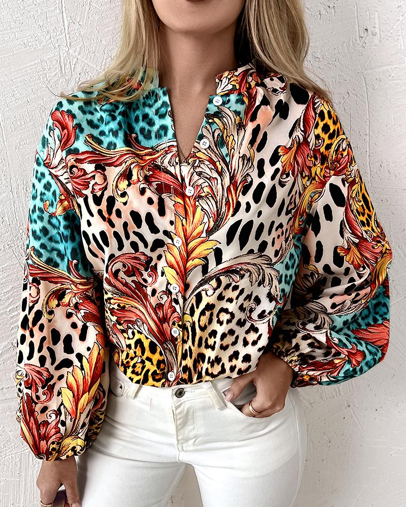 Leopard Baroque Print Button Up Long Sleeve Shirt