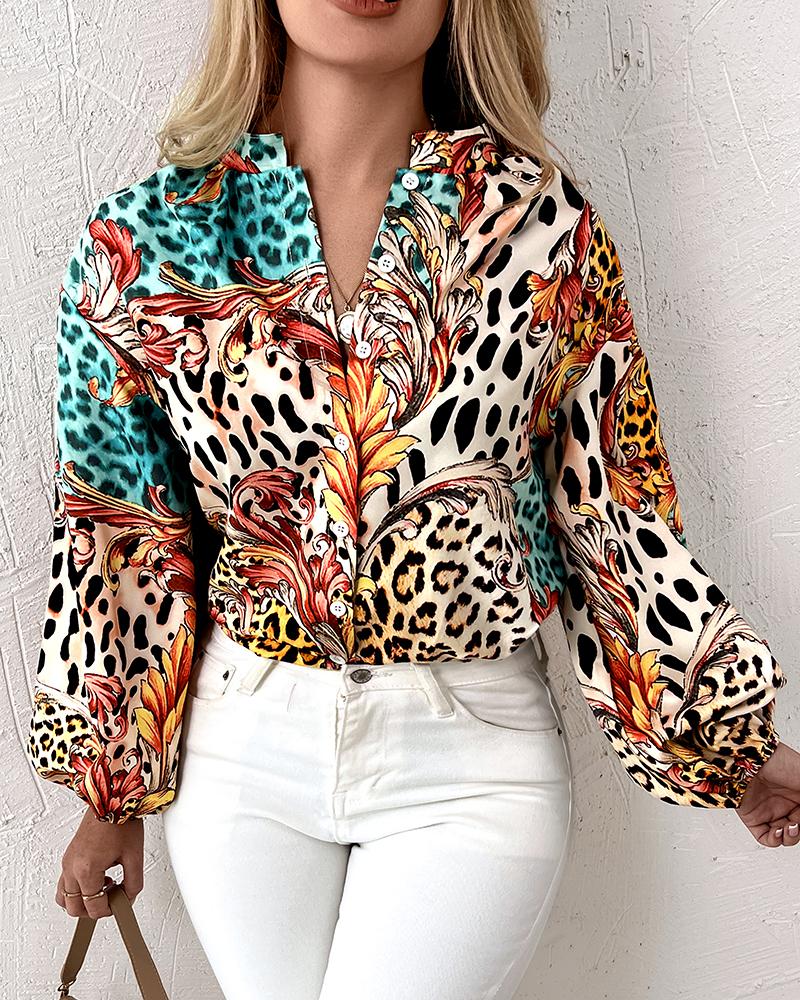 Leopard Baroque Print Button Up Long Sleeve Shirt