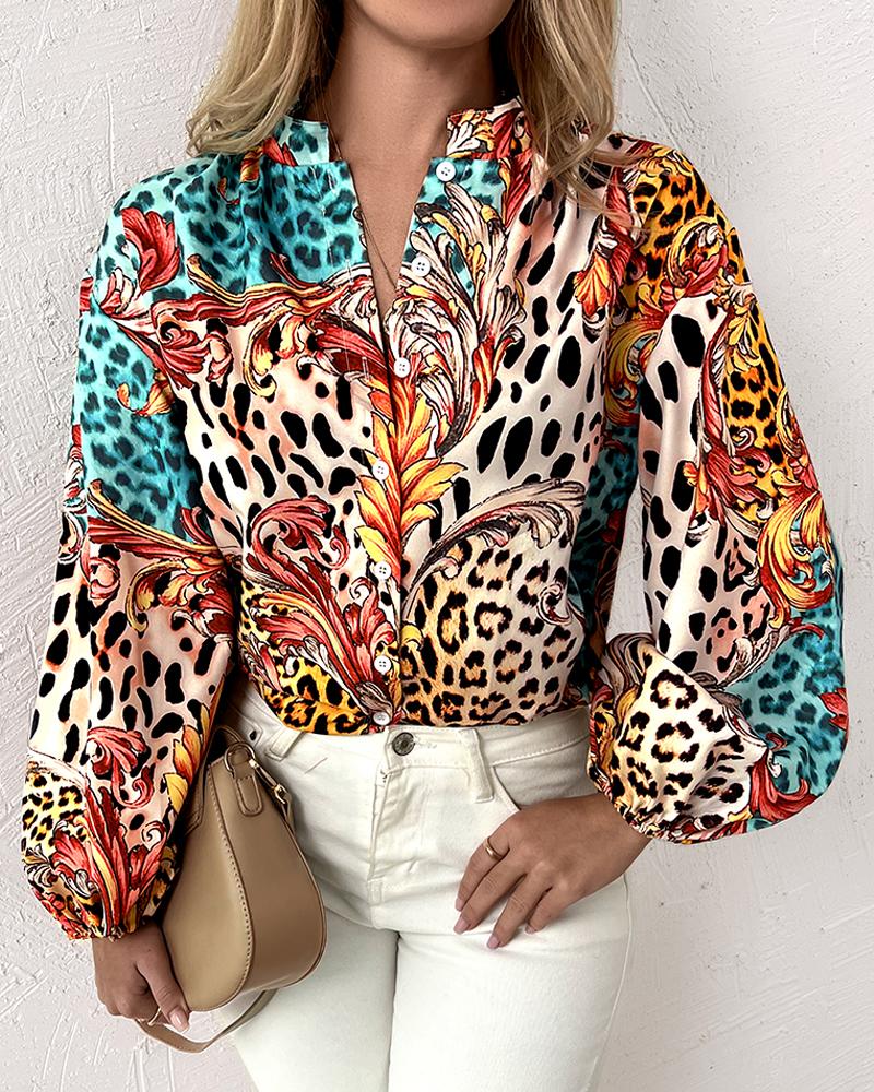 Leopard Baroque Print Button Up Long Sleeve Shirt