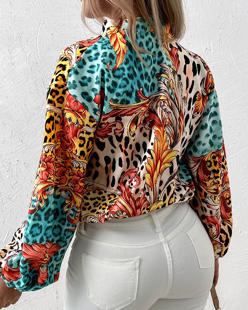 Leopard Baroque Print Button Up Long Sleeve Shirt