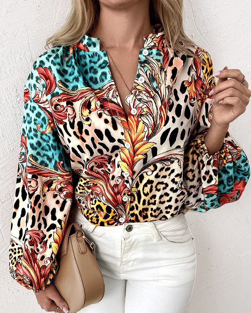 Leopard Baroque Print Button Up Long Sleeve Shirt