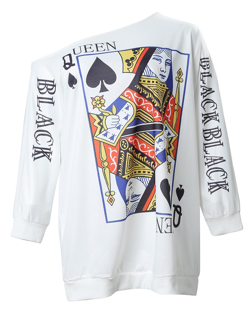 Plus Size Poker Print Long Sleeve Casual Dress