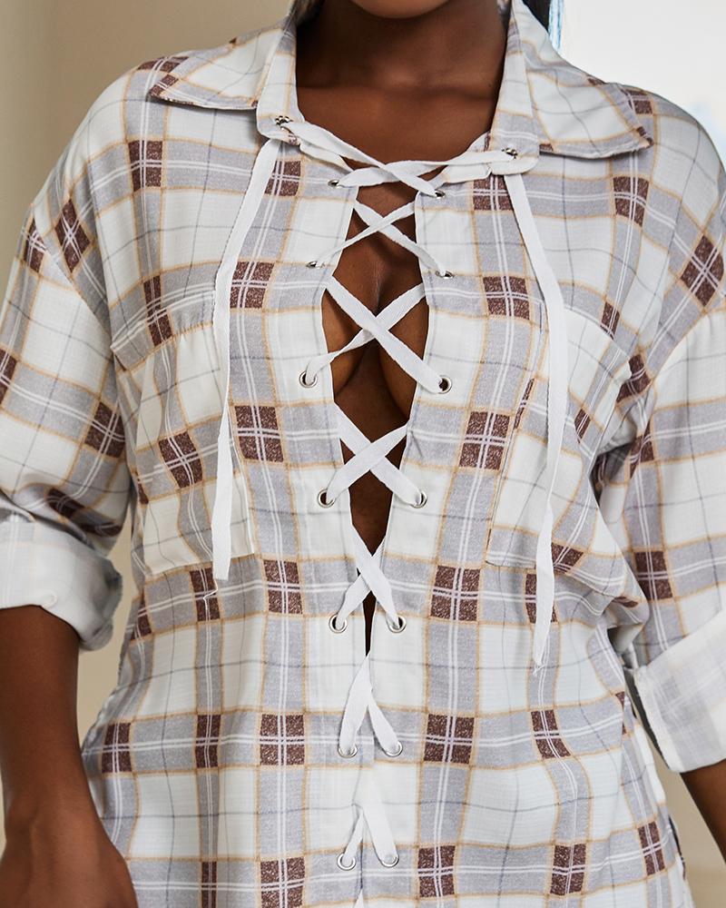 Plaid Print Grommet Eyelet Lace Up Top