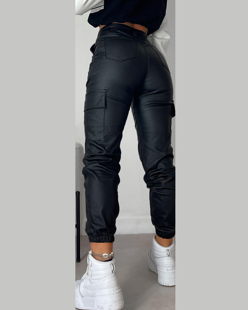 Pocket Design Cuffed PU Leather Pants