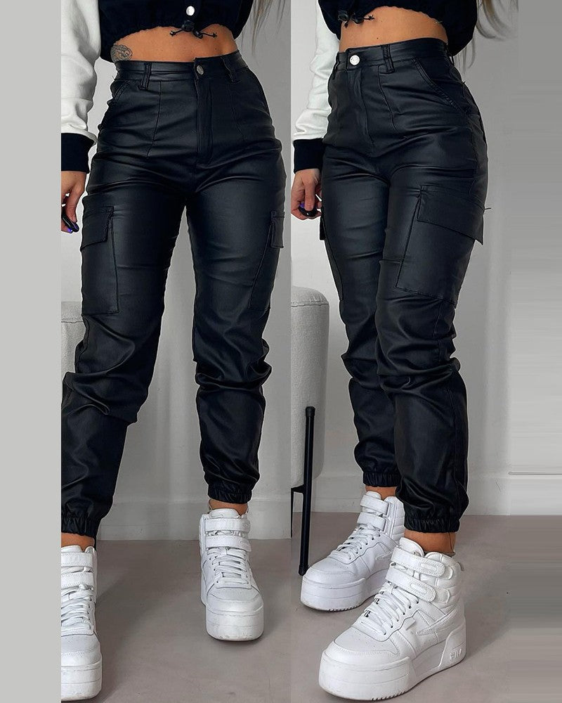 Pocket Design Cuffed PU Leather Pants