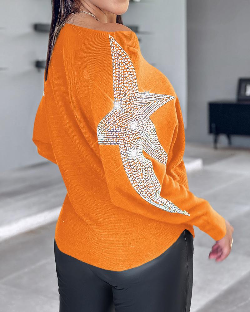 Star Pattern Batwing Sleeve Rhinestone Knit Sweater