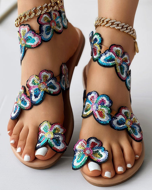 Butterfly Pattern Toe Ring Slingback Beach Sandals