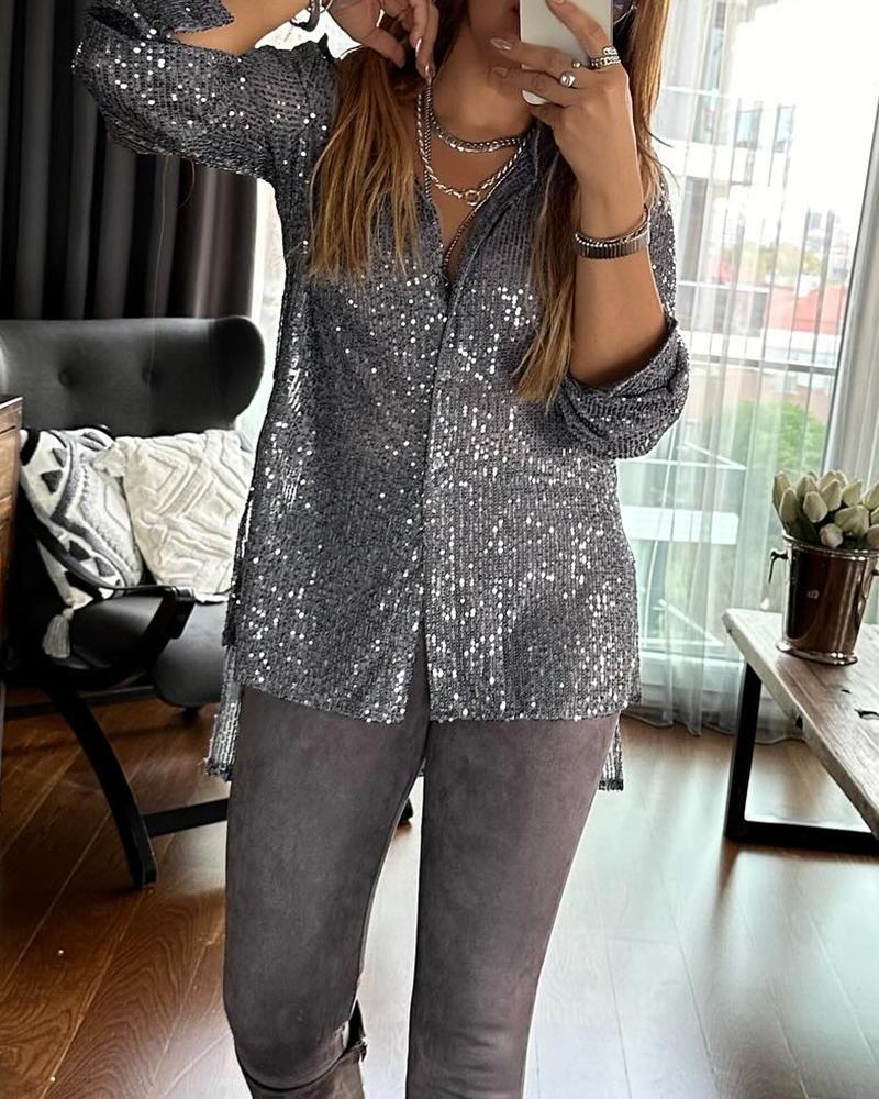 Allover Sequin Buttoned Long Sleeve Top