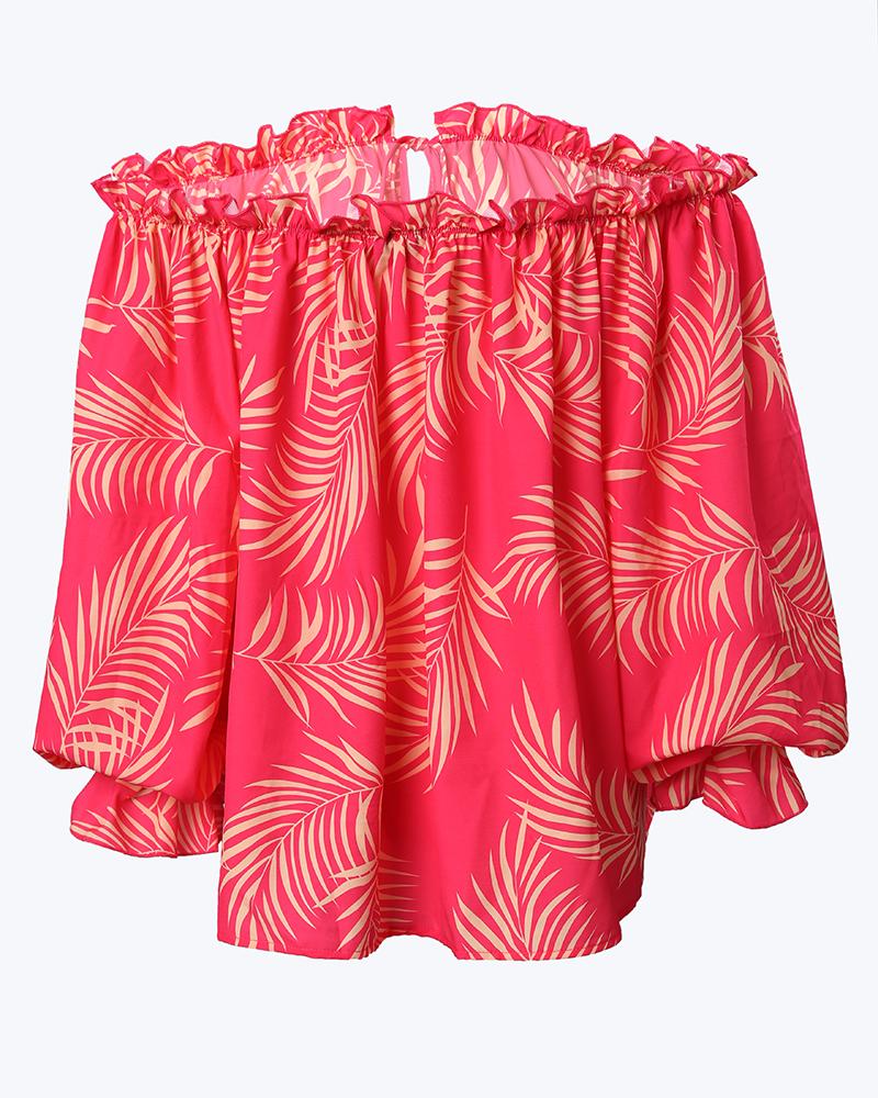 Leaf Print Off Shoulder Lantern Sleeve Top