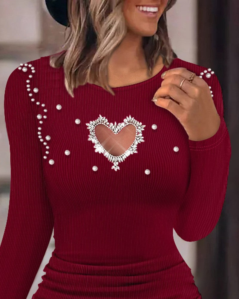 Hollow Heart Beaded Ribbed Bodycon Dress