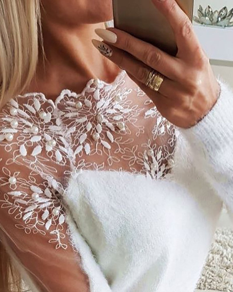 Crochet Lace Beaded Fluffy Sheer Mesh Knit Sweater