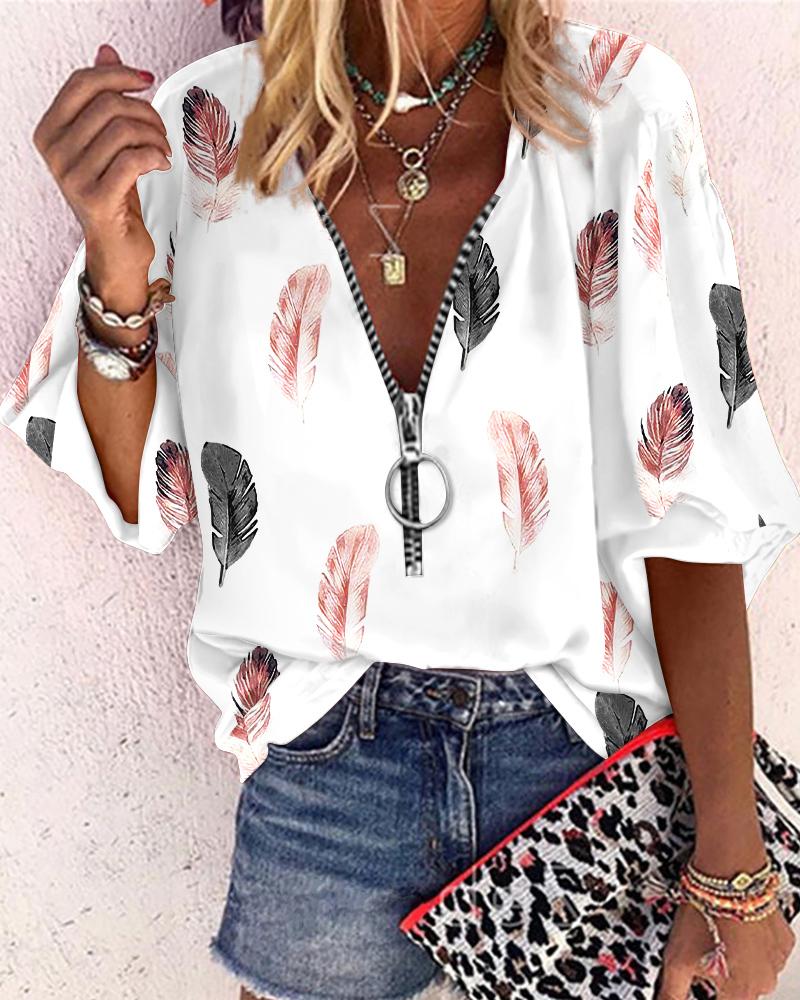 Feather Print Zip Front Lantern Sleeve Top