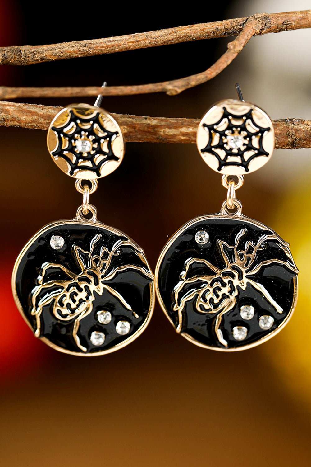 Black Halloween Spider Web Rhinestone Drop Earrings