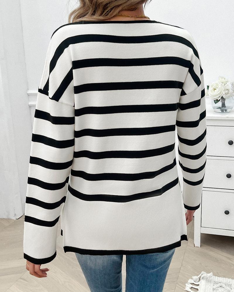 Striped V Neck Long Sleeve Side Slit Knit Sweater