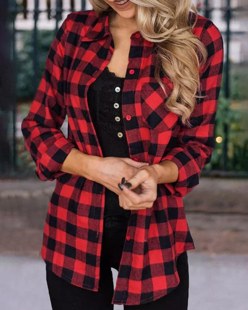 Plaid Print Pocket Design Buttoned Shirt