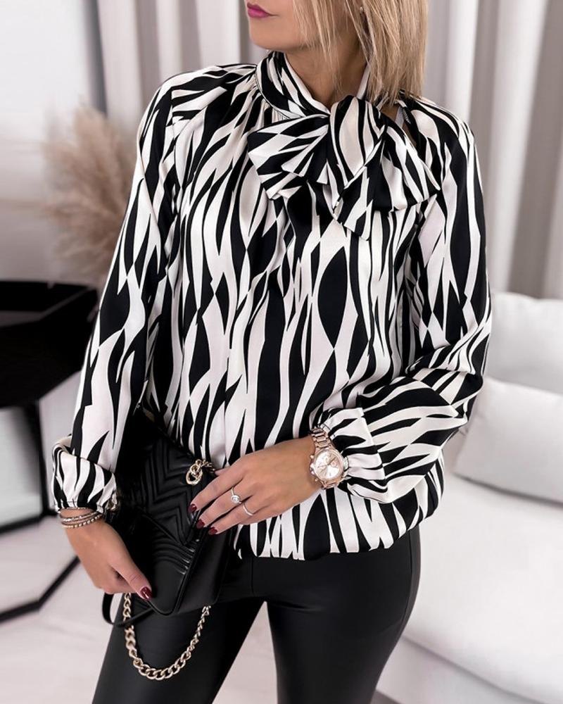 Allover Print Tie Neck Long Sleeve Top