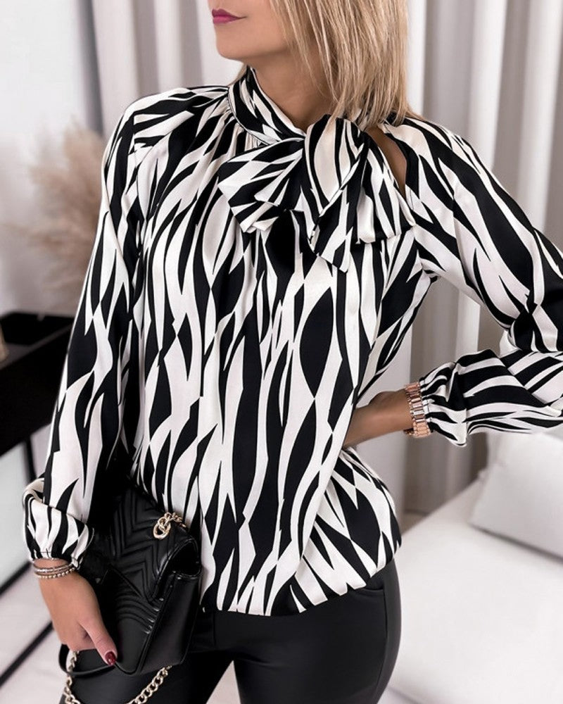 Allover Print Tie Neck Long Sleeve Top