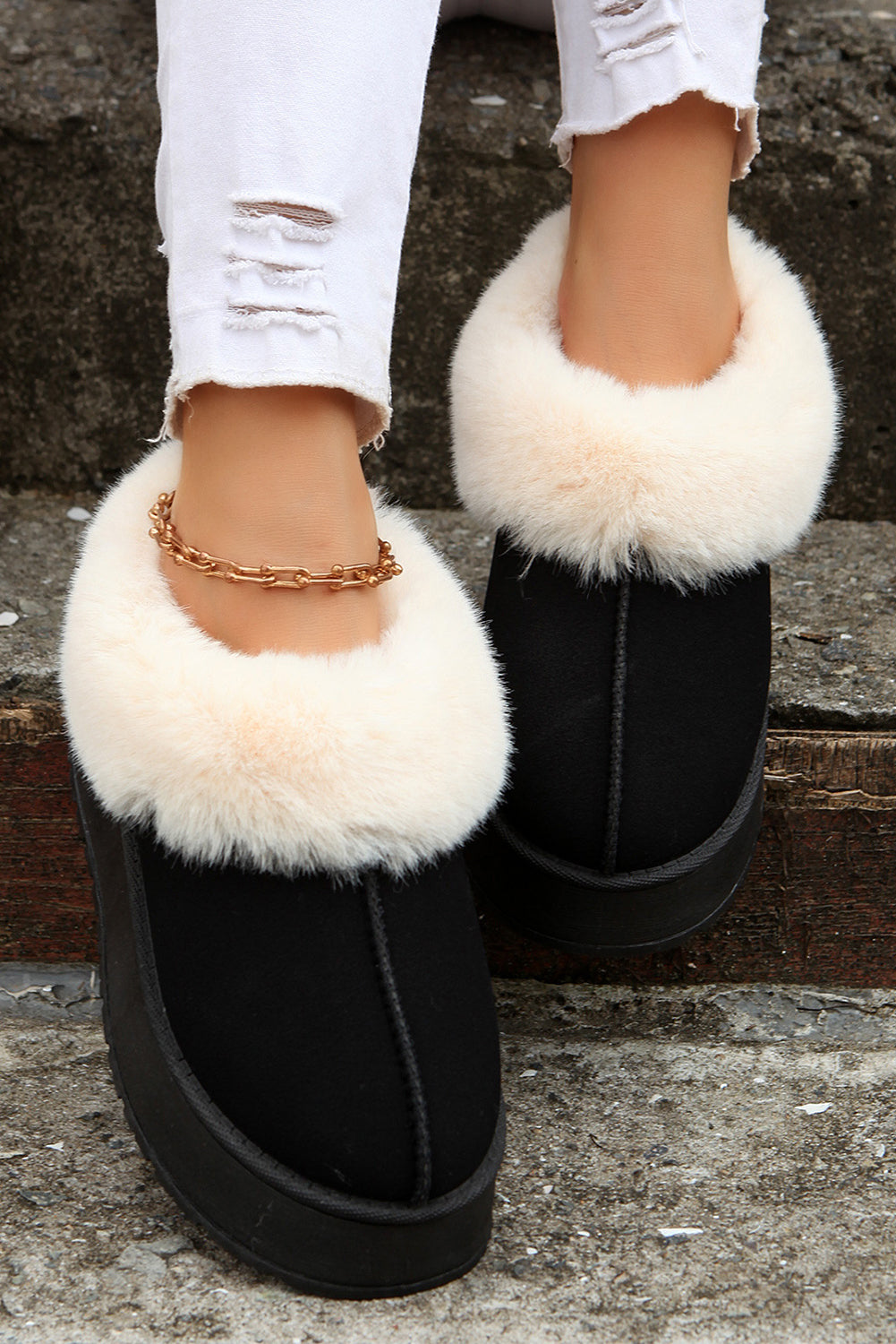 Black Contrast Print Suede Plush Lined Snow Boots