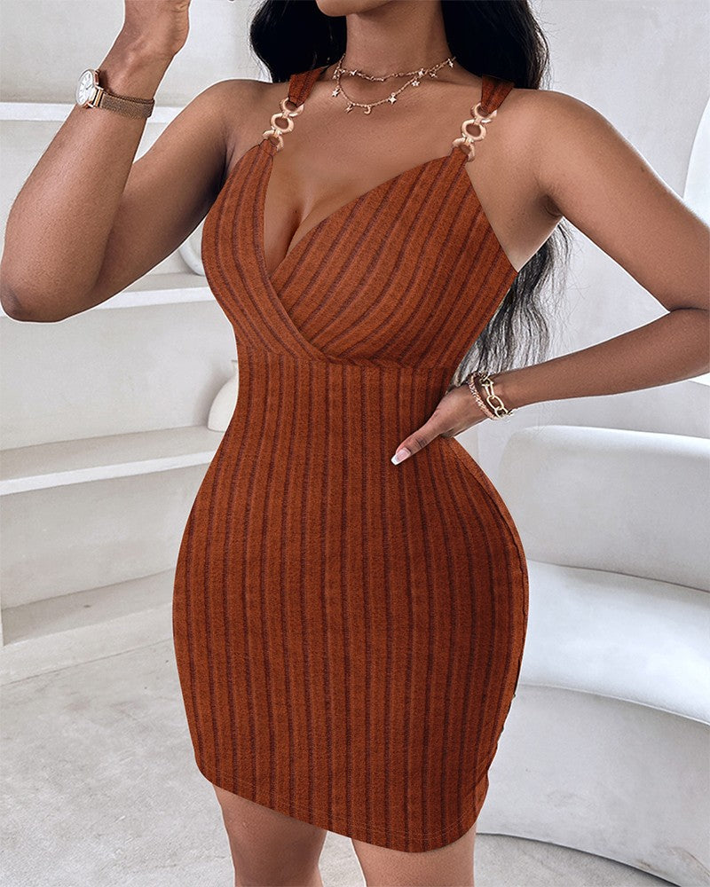 Chain Decor Criss Cross Ribbed Bodycon Dress