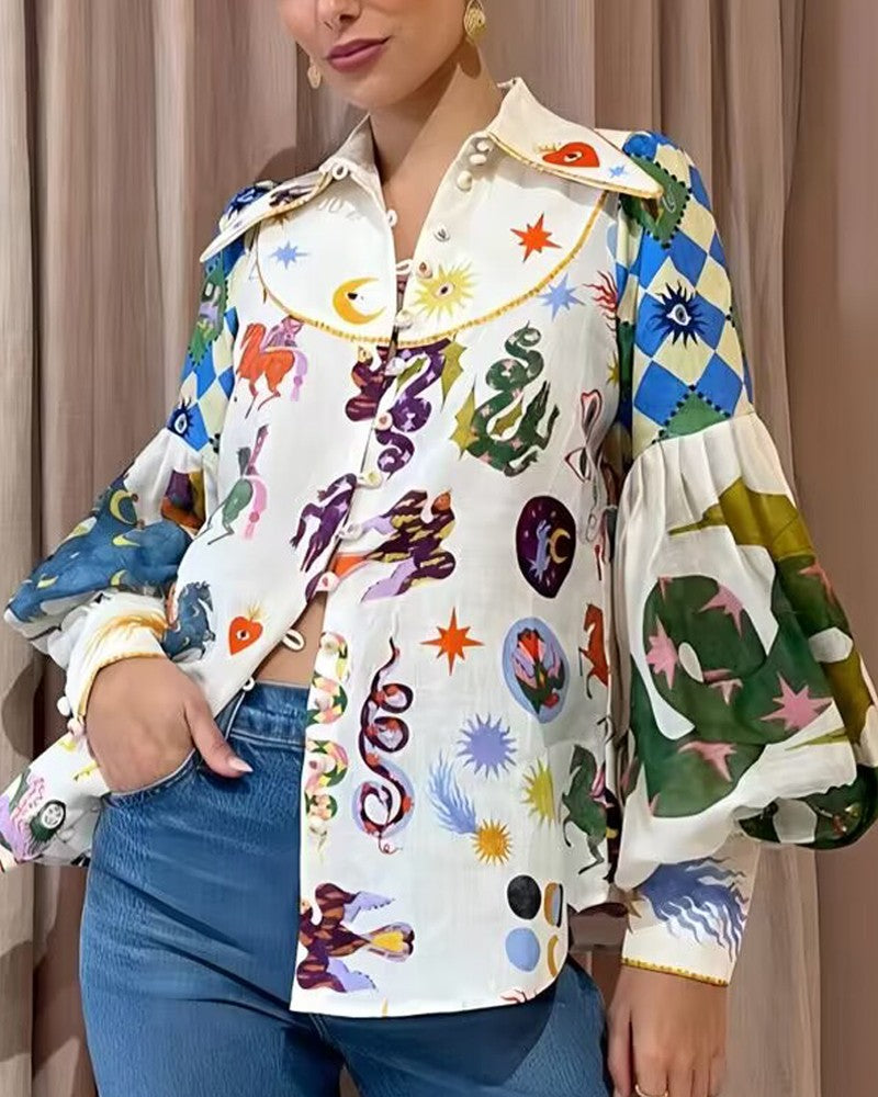 Graphic Cartoon Print Lantern Sleeve Buttoned Top