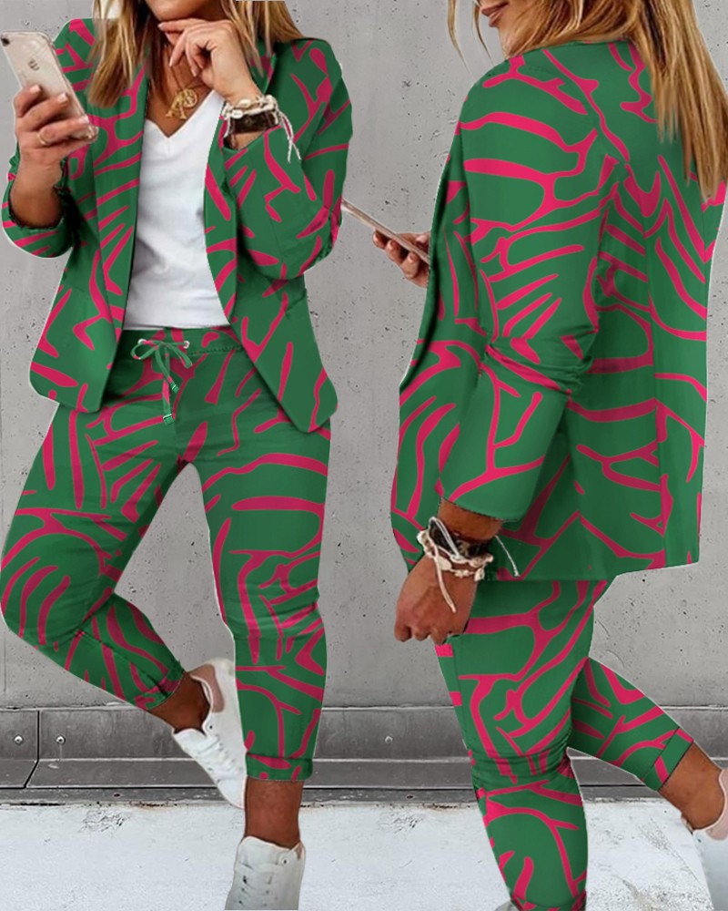 Plus Size Plaid Print Blazer Coat & Drawstring Pants Set