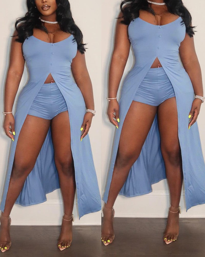 Slit Sleeveless Longline Top & Shorts Set