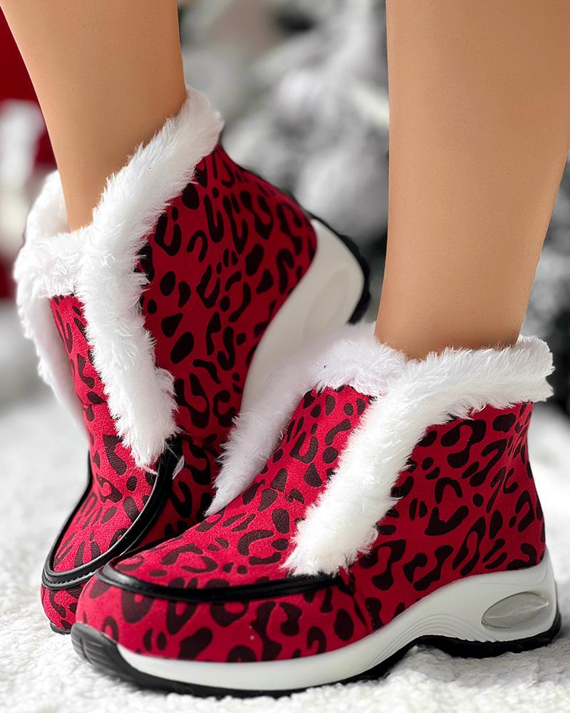 Leopard Fuzzy Detail Lined Warm Ankle Boots