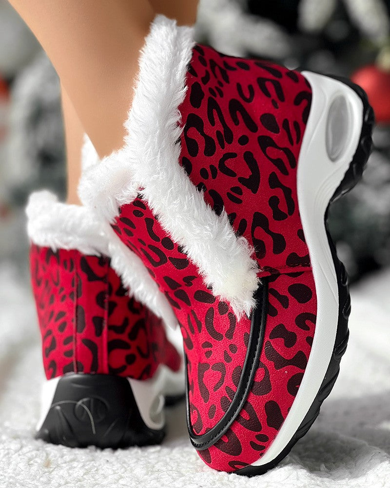 Leopard Fuzzy Detail Lined Warm Ankle Boots