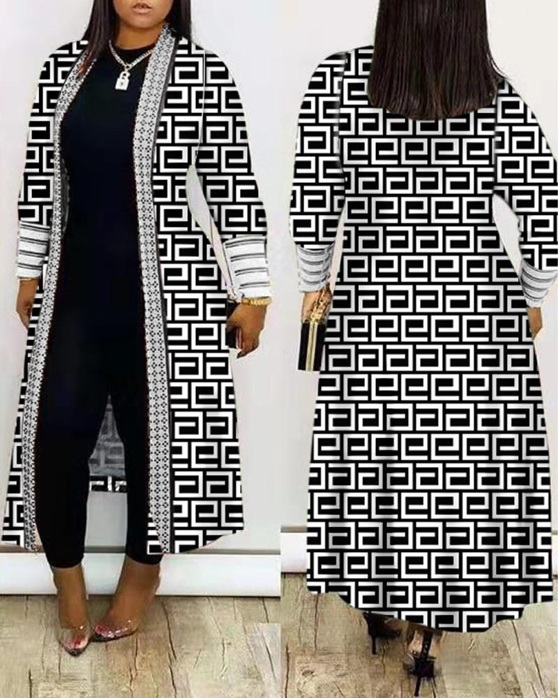 Geometric Print Open Front Longline Coat