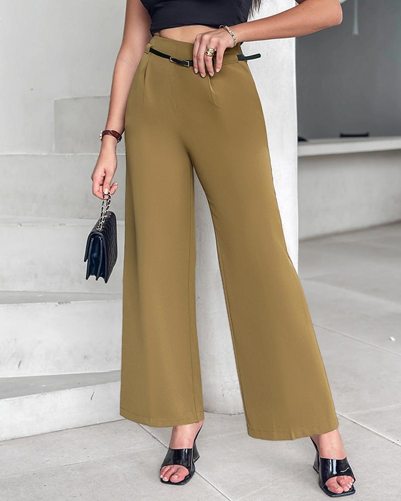 Solid High Waist Wide Leg Pants With Belt