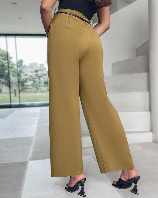 Solid High Waist Wide Leg Pants With Belt