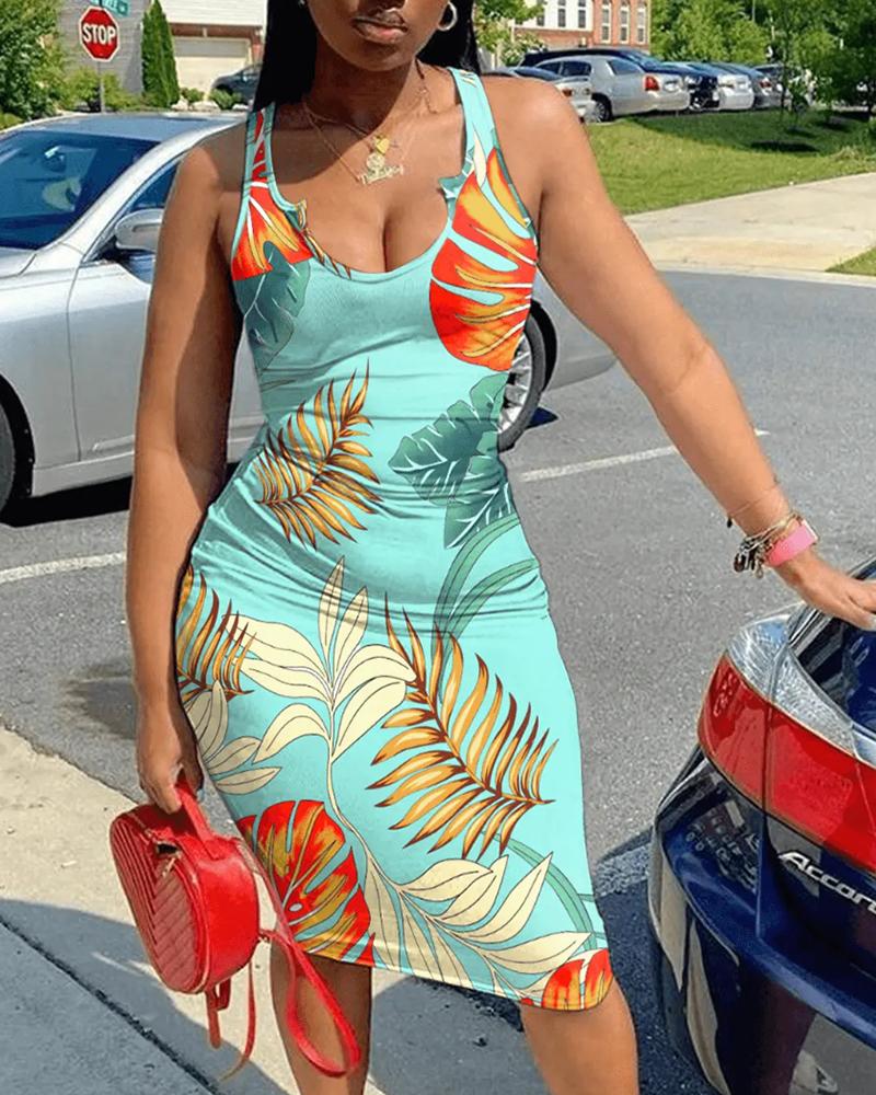 Tropical Print Notch Neck Sleeveless Midi Dress