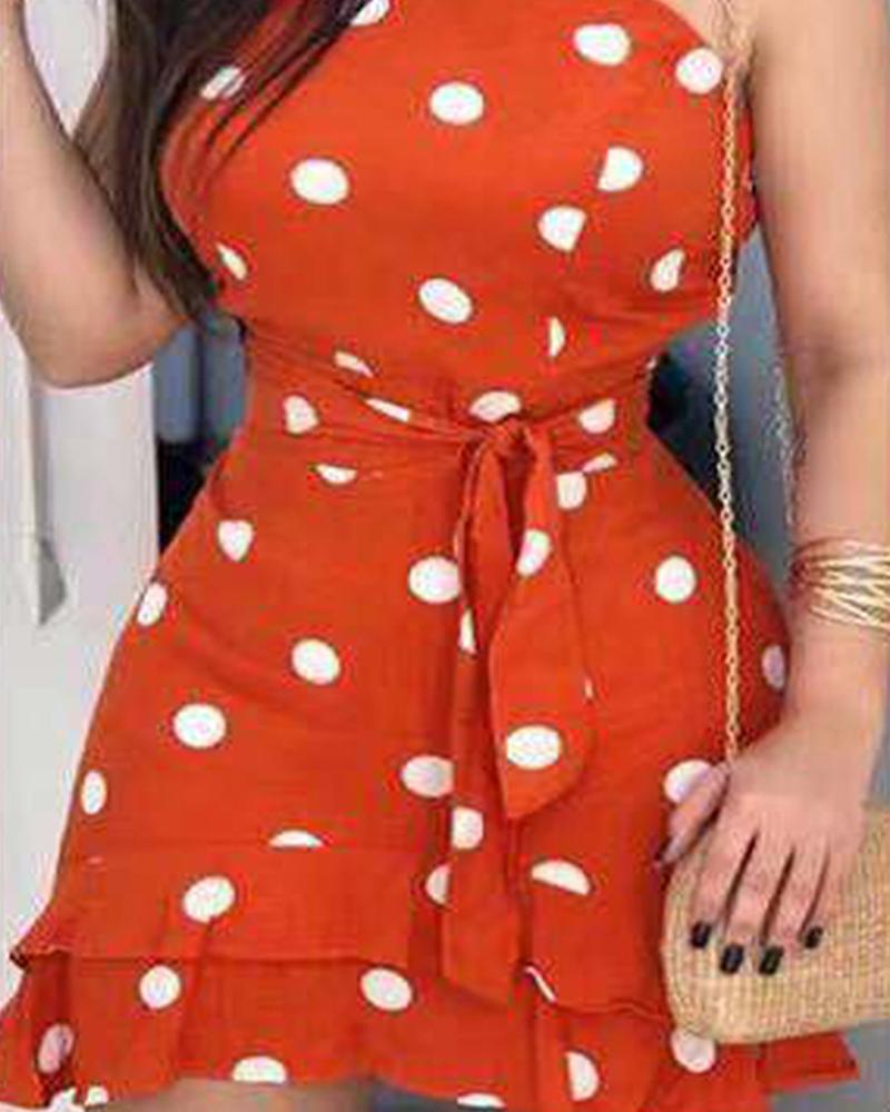 Polka Dots Print Tie Waist Ruffle Hem Dress