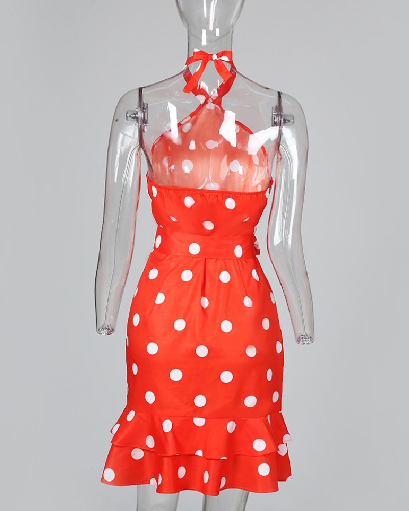 Polka Dots Print Tie Waist Ruffle Hem Dress