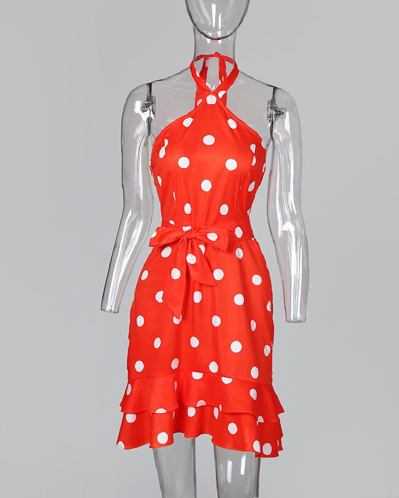 Polka Dots Print Tie Waist Ruffle Hem Dress