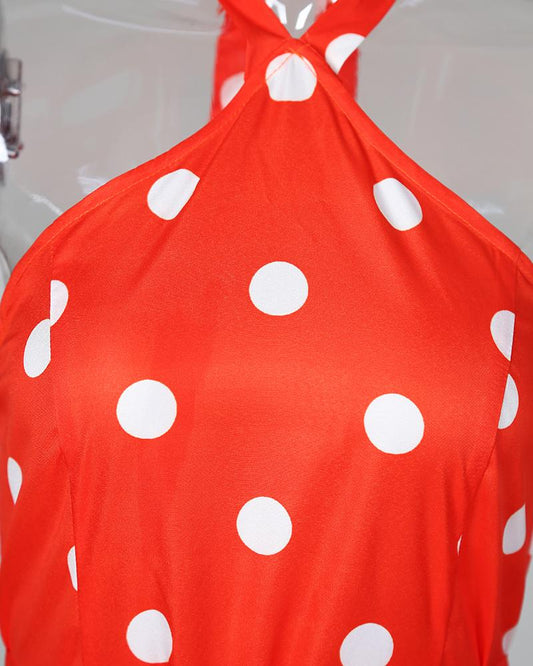 Polka Dots Print Tie Waist Ruffle Hem Dress