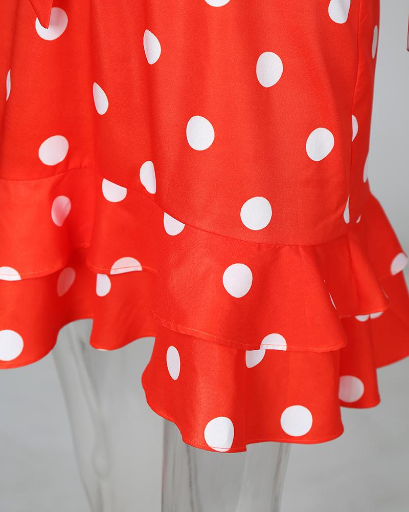 Polka Dots Print Tie Waist Ruffle Hem Dress